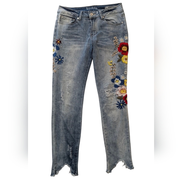 Rocks Indigo Hand-stitched Floral Pants Size 8/28 - Picture 1 of 6
